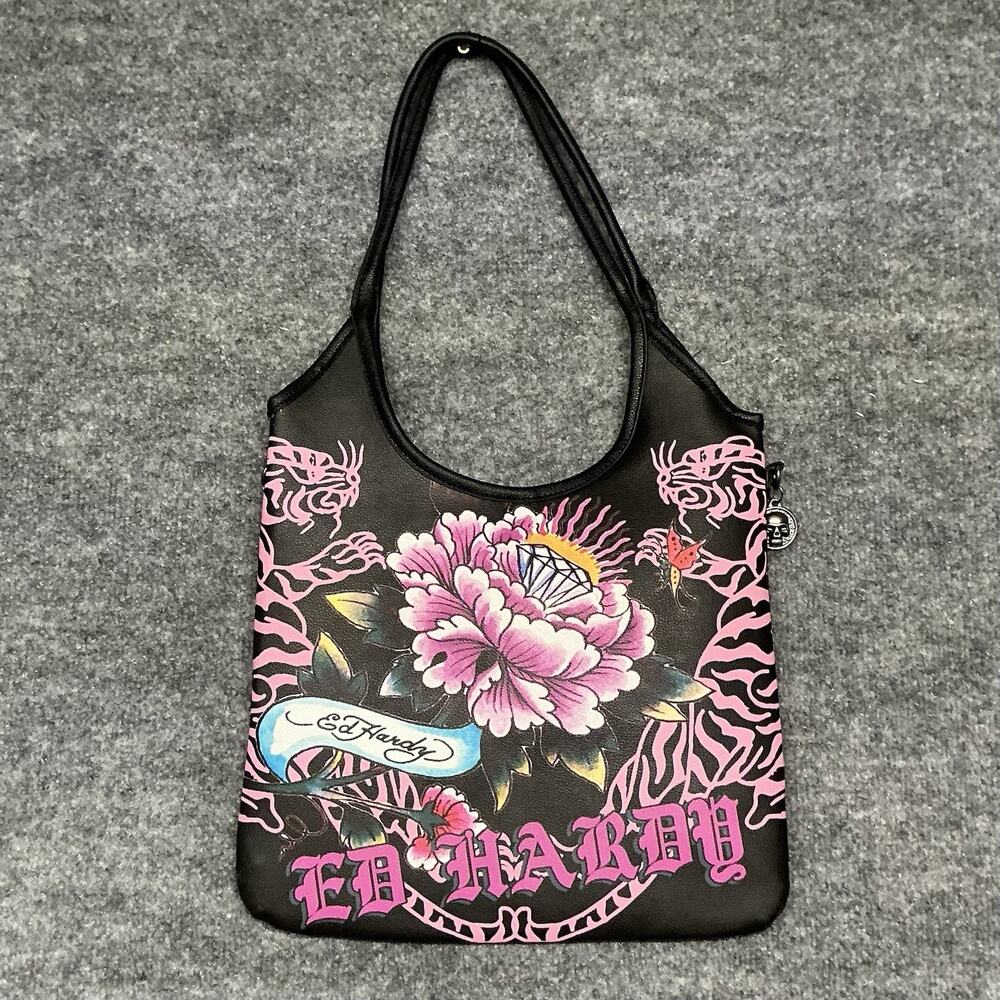 Ed Hardy Satchel Tote Bag Black Pink Tiger Floral Diamond Logo~Tattoo~Y2K~NWT